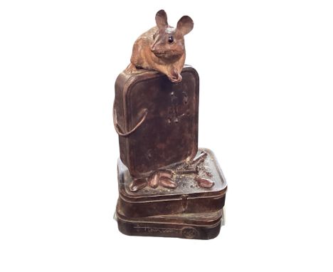 BRYAN HANLON, "MOUSE IN A HOUSE" 2010,  cold painted spelter model of a mouse on perspex base, signed; AND a framed and glaze