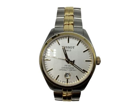 Tissot, A Gents 38mm stainless steel and yellow metal cased wristwatch. Champagne dial market Tissot 1853PR100 Chronometer. B