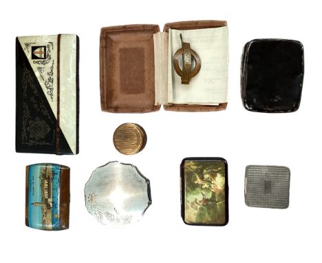 A collection of compacts and cigarette cases to include an unmarked white metal engine turned example. 