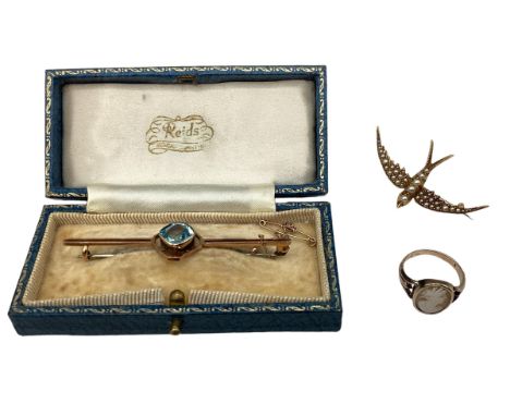 A 9ct gold cameo ring together with an aquamarine set bar brooch marked EP 9ct and an unmarked yellow metal and split pearl m