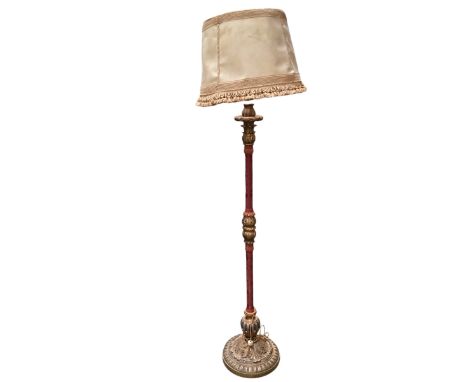Mahogany carved torchere 169 cm H and Regency gilded and upholstered standard lamp 204 cm H to top of shade 