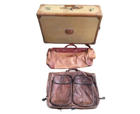 Luggage: A large brown leather and canvas travel cabin trunk with fitted interior and keys, 90cm Wide x 55cm Deep x 28cm H. a