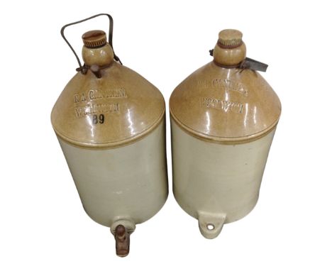 Two large pottery flagons marked R. A. Canteen Woolwich, one with tap.