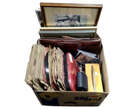 Two boxes containing 78s, pictures, a leather briefcase, camera, a DAB radio, hobby and craft kit, vintage newspapers includi