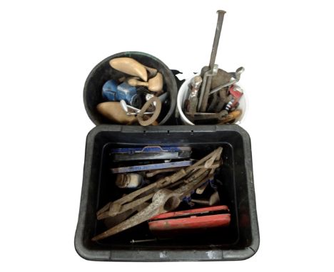 Two buckets and plastic tub containing hand tools, cased socket set etc 