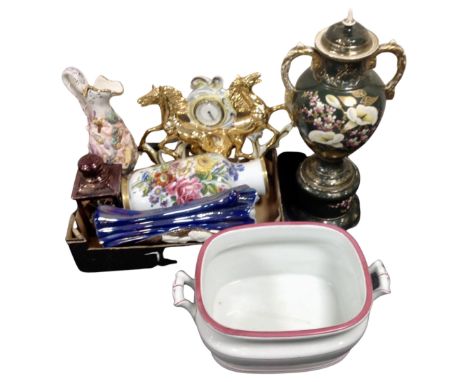 A box containing decorative china including a horse mantel clock, Italian ewer, floral patterned vase together with a further