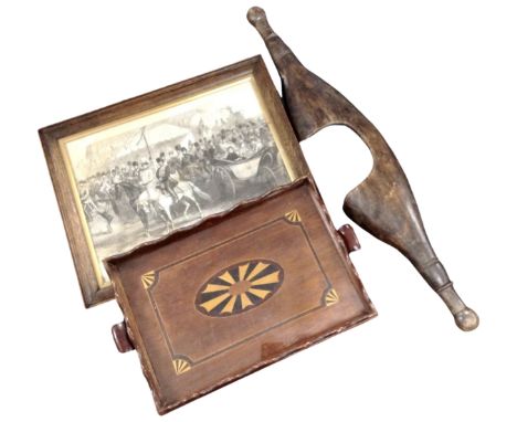A marquetry inlaid gallery tray, a 19th century black and white print depicting the Queen and the Shah of Iran and a yoke.