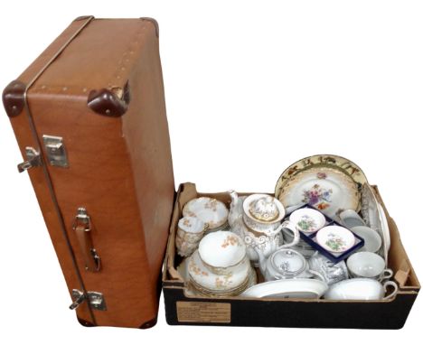 A vintage luggage case together with a box containing antique and later Continental and Japanese tea china, a pair of boxed R