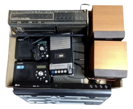 A box containing Sony speakers, DAB radios, a Concert Boy radio and an LG DVD player.