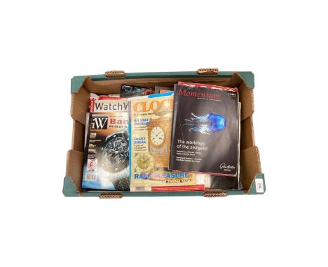 A box containing a large quantity of books relating to antiques, watches, clocks together with watch magazines, Rolex, Cartie