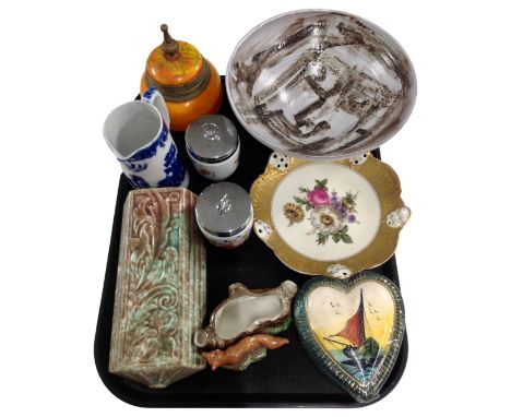 A tray containing assorted ceramics including Royal Worcester egg coddlers, Wade Heath pottery wall pocket, Fenton willow pat