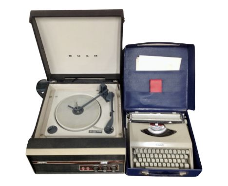 A mid-20th century Bush tabletop electric record player together with an Antares Capri manual typewriter in case.