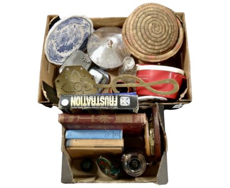 Two boxes containing plaques on shields, an oil lamp, wicker sewing box, cut glass decanter, brass chestnut roaster etc.