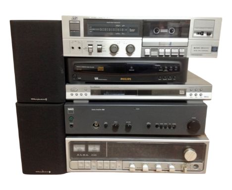 A JVC stereo cassette deck, a Philips CD player, a Goodmans CD player, a NAD stereo amplifier, an Alba 2125 receiver and a pa