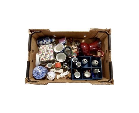 A box containing assorted ceramics including Wade character jugs, Copeland Spode Italian lidded pot, cheese dish with cover e