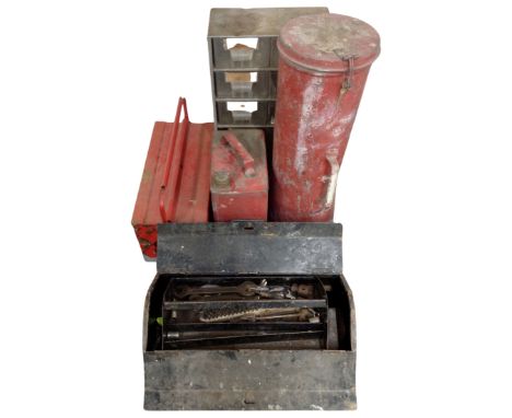 Two metal concertina toolboxes, one containing tools, together with a metal and plastic multi-drawer chest and a petrol can.