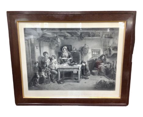 An Edwardian black and white print, Home and the Homeless, in an oak frame.