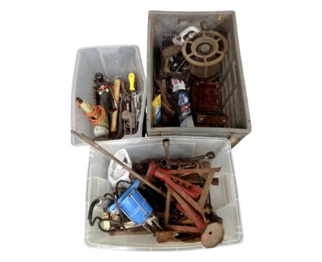 Three plastic tubs of hand tools, wood plane, gas stove, axle stands etc 