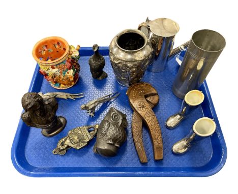 A tray of collectables including carved nut crackers, silver plated items, biblical scene vase, Chinese coloured pot, pair of