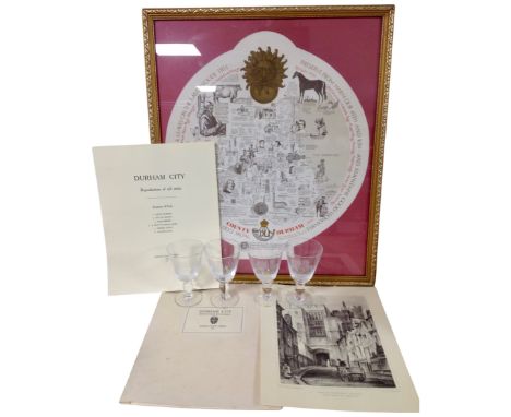 A County Durham historical print in gilt frame together with a set of Durham City print reproduction folio and a set of four 