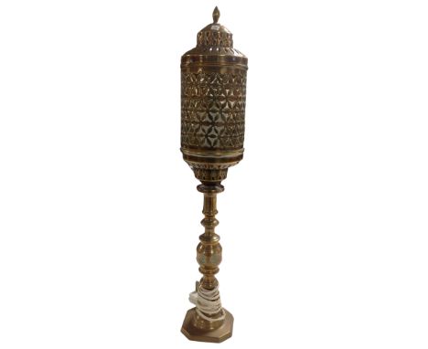 A Middle Eastern brass table lamp. (height 58cm)