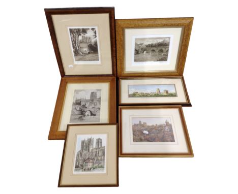 Four signed limited edition prints after Ralph Parker, scenes of Durham, together with a further Durham watercolour and signe