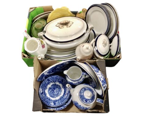 Two boxes containing antique and later ceramics including George Jones &amp; Sons Abby blue and white dinnerware, Myott dinne