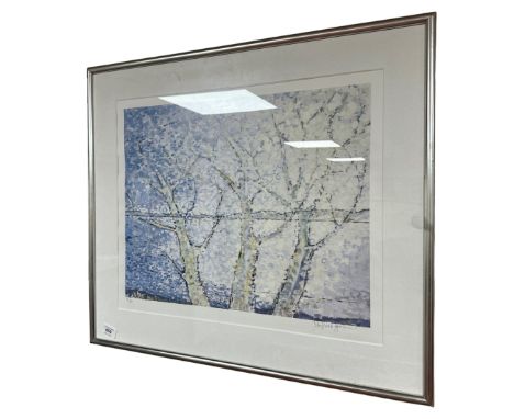 A Continental colour print depicting trees, in frame and mount, indistinctly signed, 56cm by 45cm.