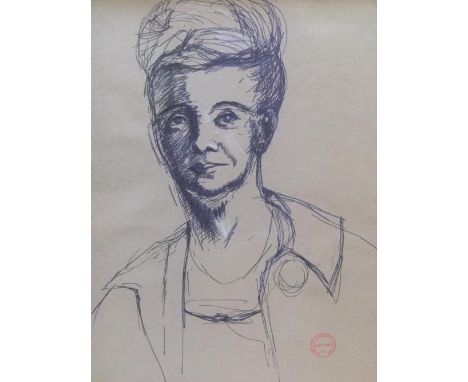 Double sided Patrick Lambert LARKING (1907-1981) pen portrait of a lady, stamped, framed, 50 x 38 cm Fine condition