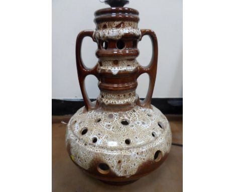 Large 1970s German twin handled, double-bulb ceramic lamp, 50 cm high, complete with original shade,Fine condition without an