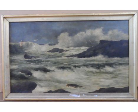 R Anderson-Smith, Early 20thC oil on canvas, "The rocky shore" - requires some restoration signed, unframed,The oil measures 
