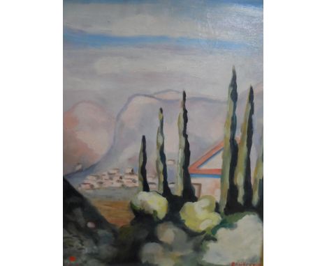 Vintage French 20thC oil on canvas, modernist landscape, signed DAUBERVILLE, in thin gold coloured metal frame,The painting m