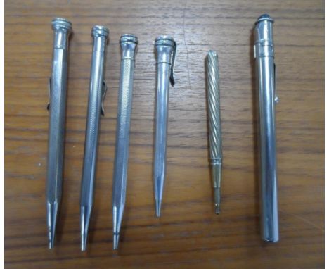Collection of silver-plate vintage propelling pencils &amp; brush (6) 