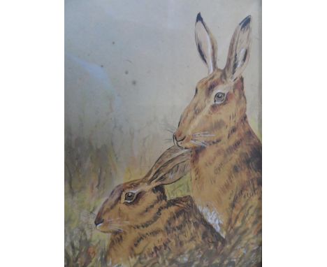 Indistinctly signed watercolour portrait of 2 Hares in thin wood frame,The w/c measures 17 x 12 cm 