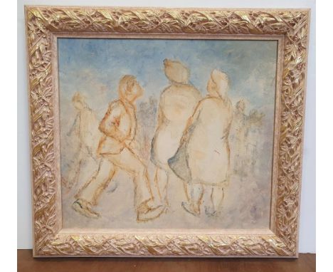 James B Gilbert, 20thC modernist oil on board sketch " Full-length figures", in fine quality frame 