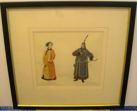 Finely painted double portrait of Chinese watercolour of Chinese lady &amp; archer, unsigned, framed and glazed, circa 1900