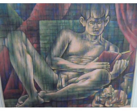 Joseph SMEDLEY (1923-2016) mixed media, cubist school, naked boy reading book by cat, mounted and framed, The portrait measur