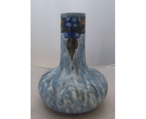 Stylised vintage Cranston pottery vase with grapes & leaves on mottled blue & grey ground29 cm high 