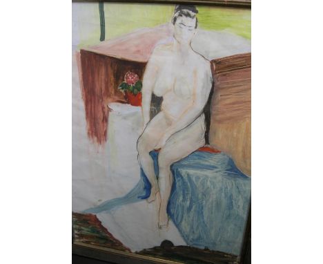 Large unsigned, 1970s, oil portrait of female nude, silver coloured frame and glazed, 68 x 49 cm