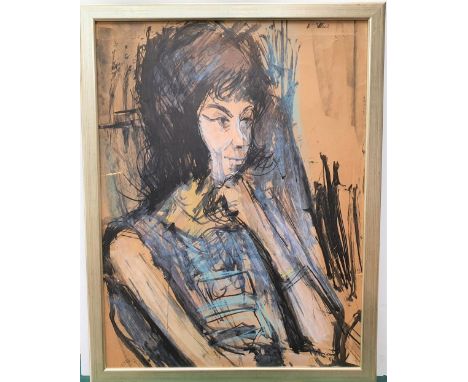 Peter COLLINS (1923-2001) large watercolour portrait of a lady in blue, signed, 62 x 48 cm