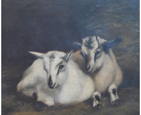 Large, indistinctly signed and dated Victorian oil on canvas, "2 lambs in barn interior", framed,The oil measures 50 x 75 cmU