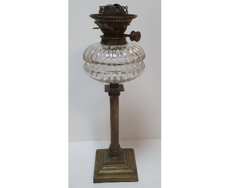 Fine quality antique brass column oil lamp,Approx 48 cm tallNo flute or shade 