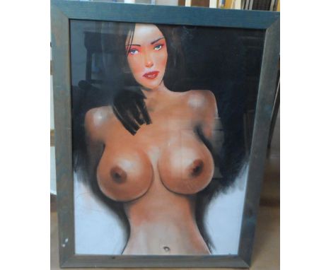 Large, unsigned pastel portrait of a topless brunette, wood framed,The portrait measures 80 x 59 cm 