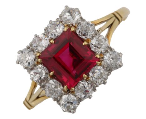 A synthetic ruby and diamond square cluster ring, unmarked gold settings with square step-cut ruby and old-cut diamonds, tota