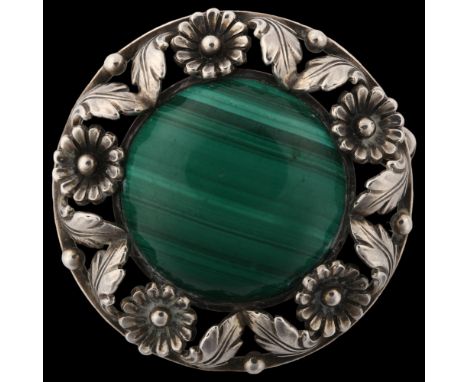 NIELS ERIK FROM - an Art Nouveau Danish sterling silver and malachite floral brooch, diameter 33.8mm, 14.4gNo damage or repai