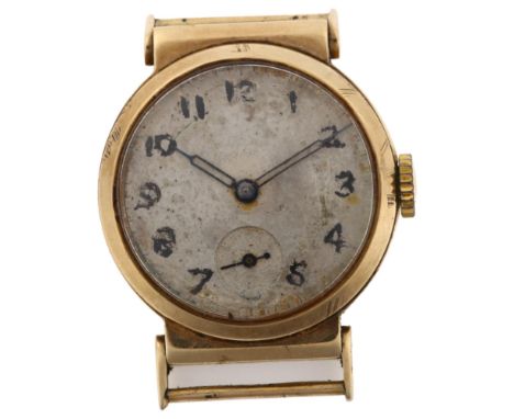 A mid-20th century 9ct gold wristwatch head, silvered dial with hand painted Arabic numerals, blued steel hands and subsidiar