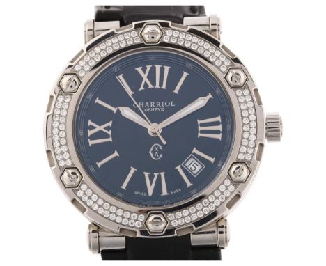 CHARRIOL - a stainless steel and diamond Rotonde quartz wristwatch, ref. RT38, black dial with Roman numeral hour markers, mo