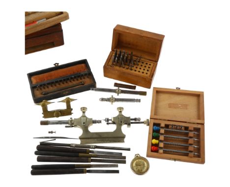Various Antique watchmaker's tools, including cased latheLot sold as seen unless specific item(s) requested 