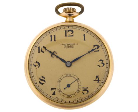 ROLEX - an Art Deco 14ct gold plated slimline open-face keyless pocket watch, champagne dial marked C Bucherer's Rolex Lucern