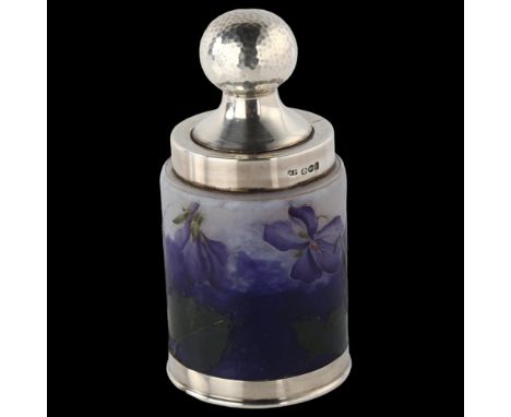 DAUM - an early 20th century Art Nouveau French silver-mounted enamelled glass iris dressing table perfume centre jar, with p